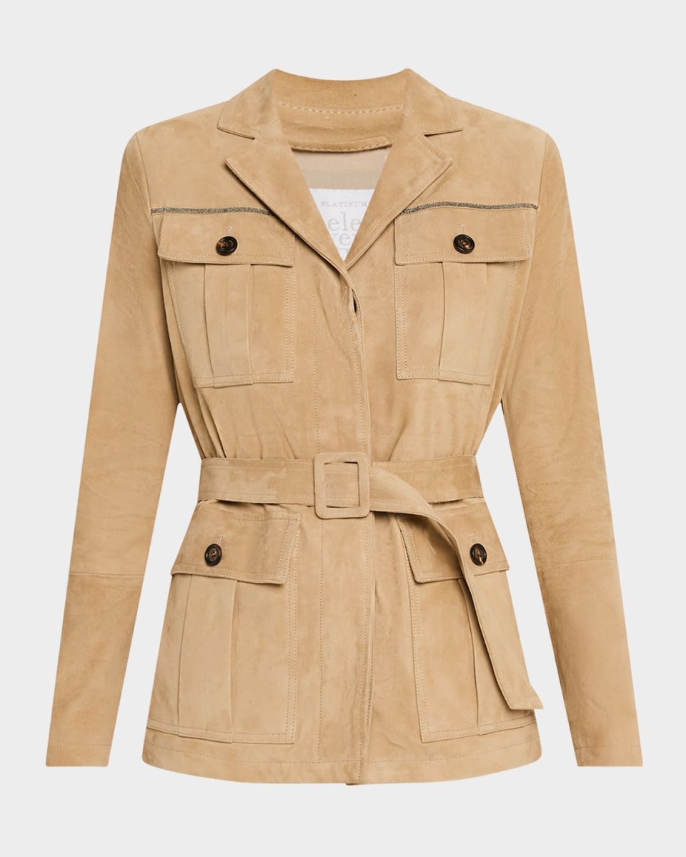 Belted Chain-Trim Suede Safari Blazer
